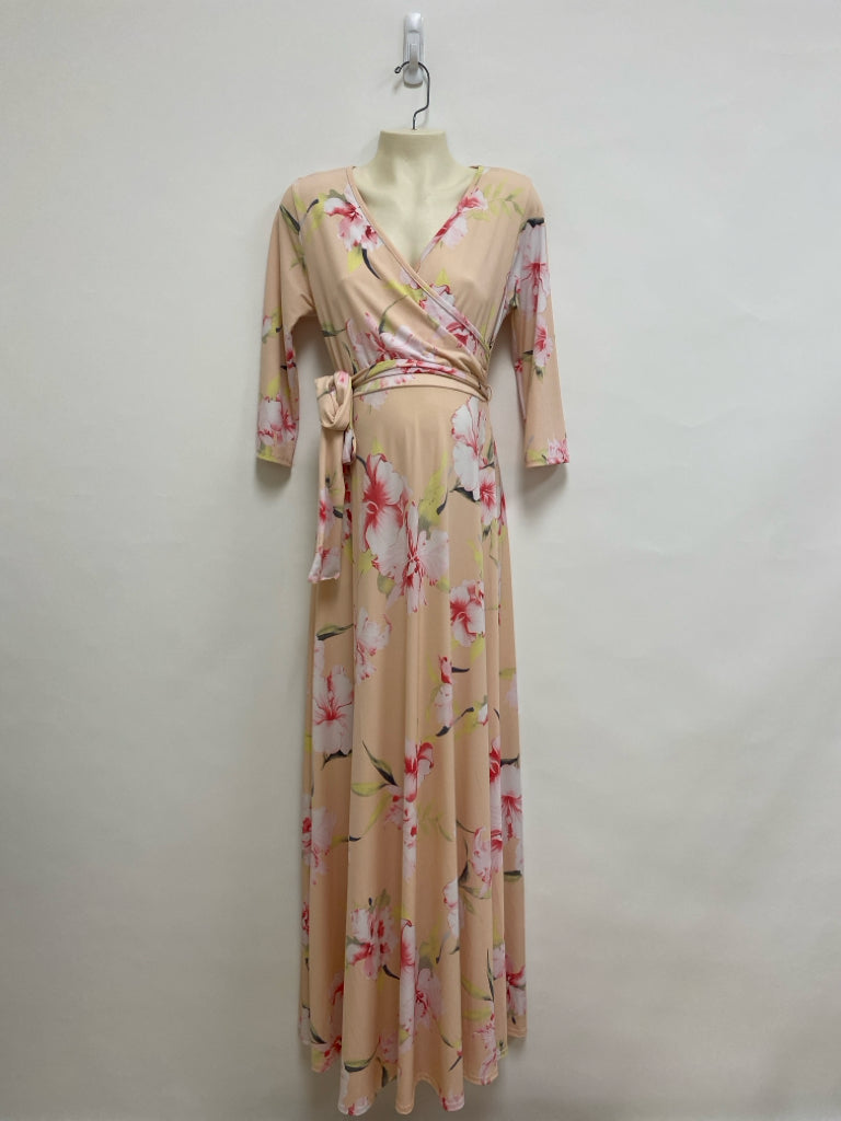 PINK BLUSH Size S Peach White/Coral Flowers Maxi Maternity Dress