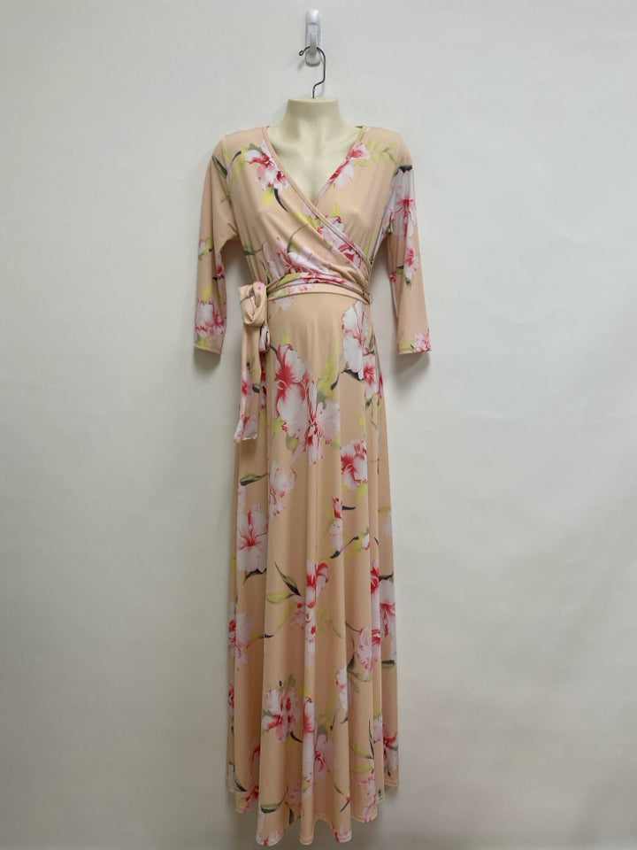 PINK BLUSH Size S Peach White/Coral Flowers Maxi Maternity Dress