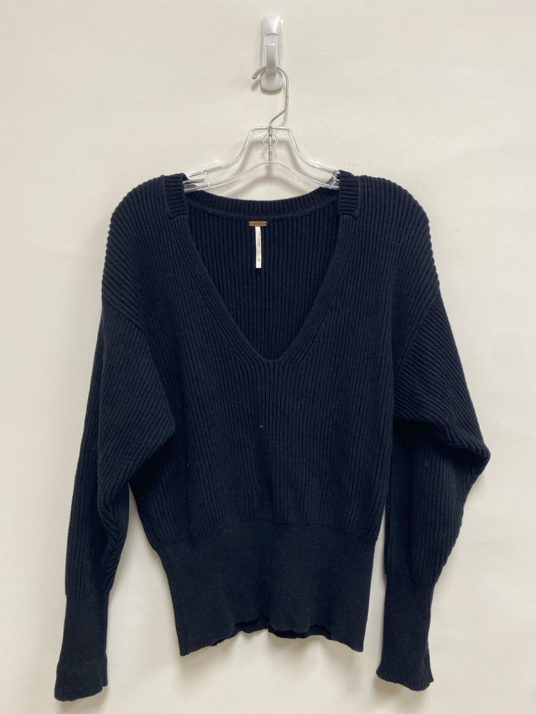 Free People Size S Black Ribbed V Neck Ladies Sweater
