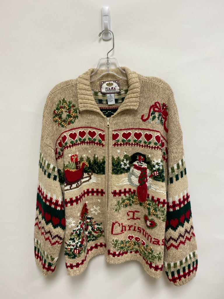 Size XL Beige Red/Green Christmas Zip Down Ladies Sweater