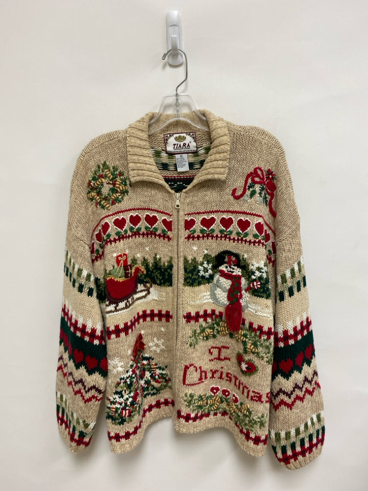 Size XL Beige Red/Green Christmas Zip Down Ladies Sweater