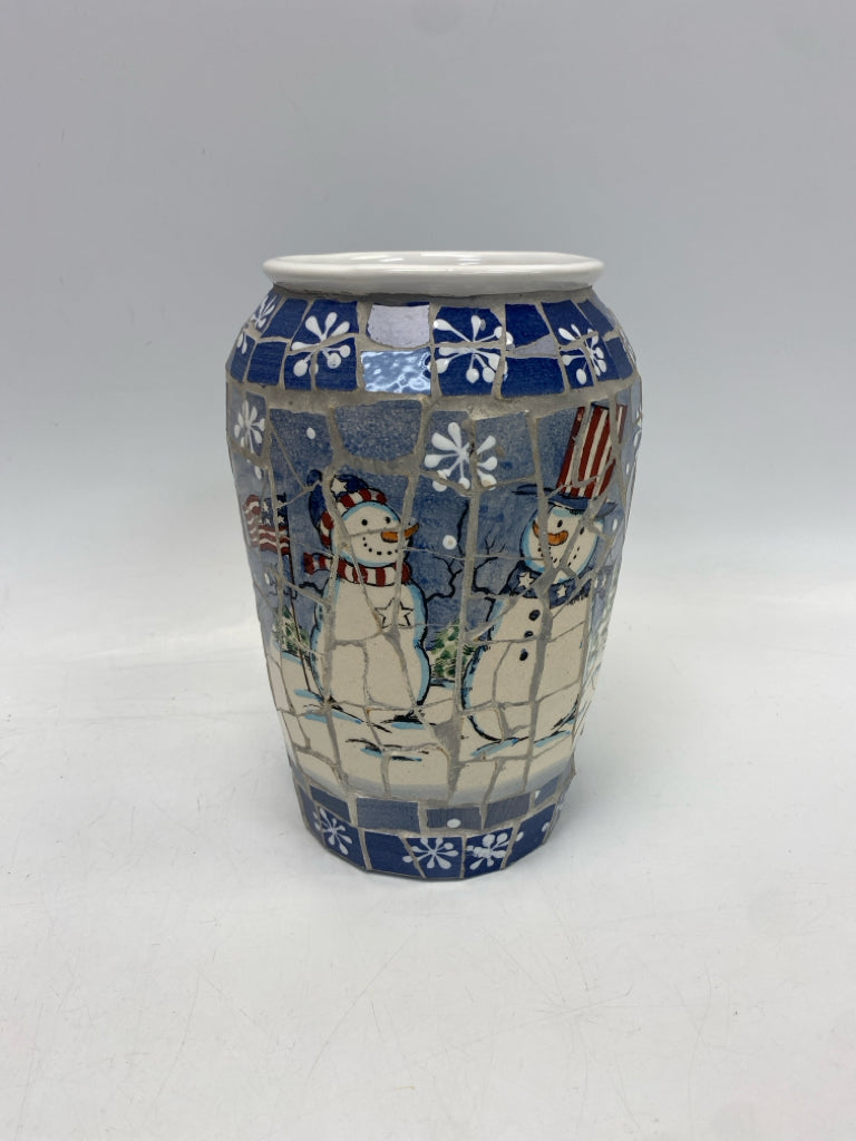 Blue White Snowman Mosaic Vase