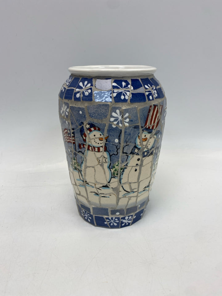 Blue White Snowman Mosaic Vase