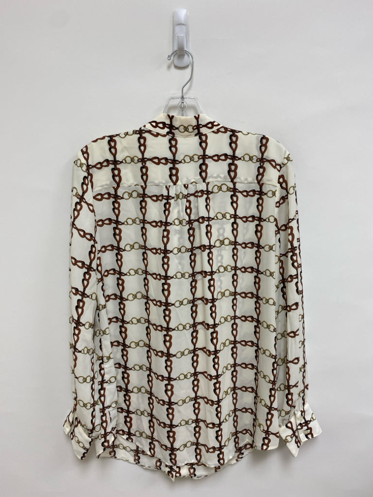 NWT Talbots Size M Cream Brown/Gold Chainlink Print Button Up Ladies Top