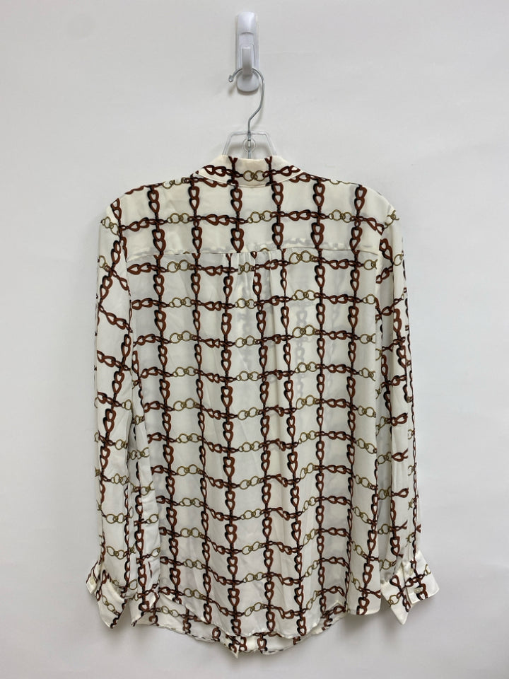 NWT Talbots Size M Cream Brown/Gold Chainlink Print Button Up Ladies Top
