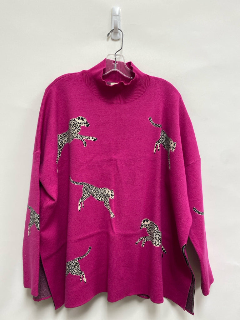 entro Size L Hot Pink Beige Cats Mock Neck Ladies Sweater