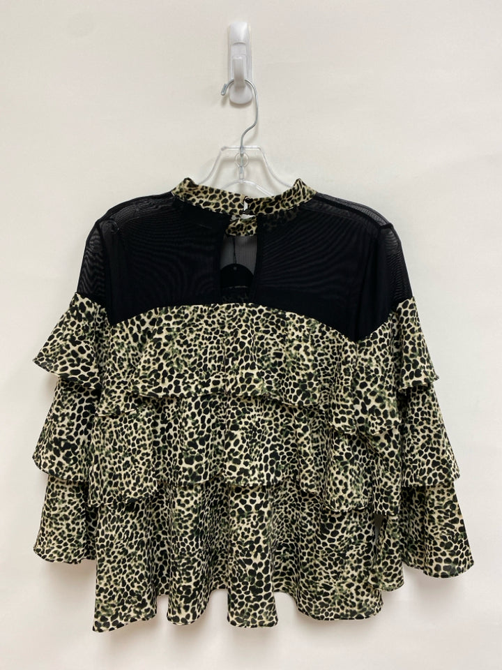 NWT Size M Black Tan/Green Animal Print Tiered Mesh Ladies Top