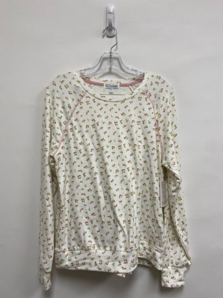NWT Size M Cream Pink/Green Flowers Fleece Ladies 2pc Pajamas