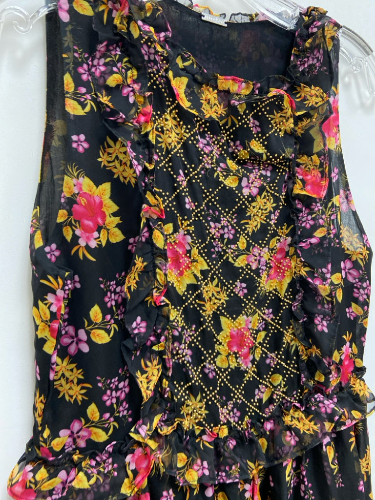 Dodo Bar Or Size 40 Black Pink/Multi Flowers Sleeveless Ladies Dress
