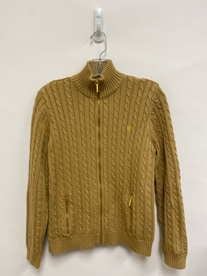 Ralph Lauren Size LP Camel Cable Knit Zip Down Petite Sweater