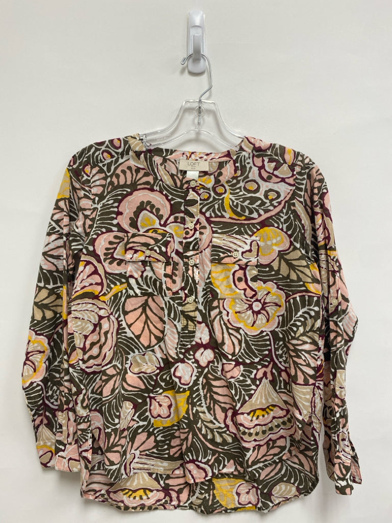 LOFT Size XSP Coral/Cream Burgundy/Multi Leaves Quarter Button Petite Top