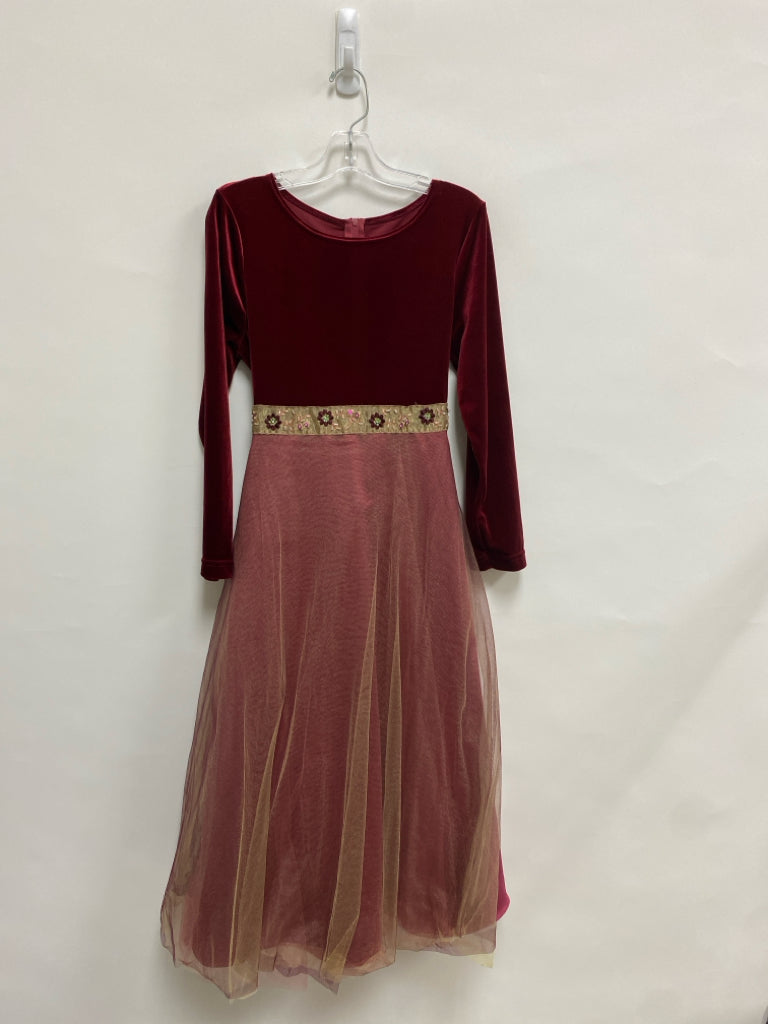 Rare Editions SIZE 14 Burgundy Gold Long Sleeve Tulle Girl&