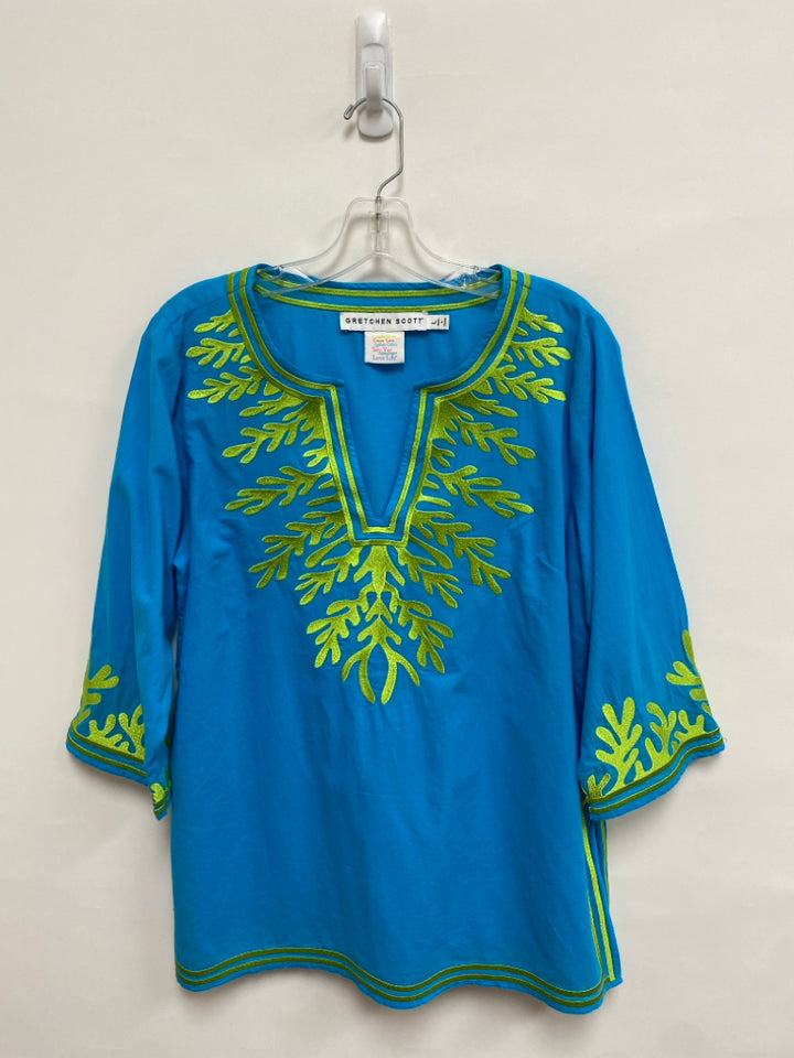 Gretchen Scott Size L Aqua Green Embroidered Tunic Ladies Top
