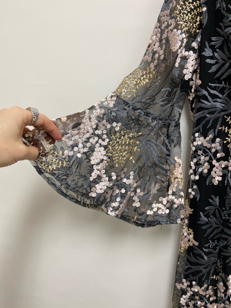 NWT BADGLEY MISCHKA Size 10 Black Pink/Tan Embroidered Maxi Ladies Formal Dress