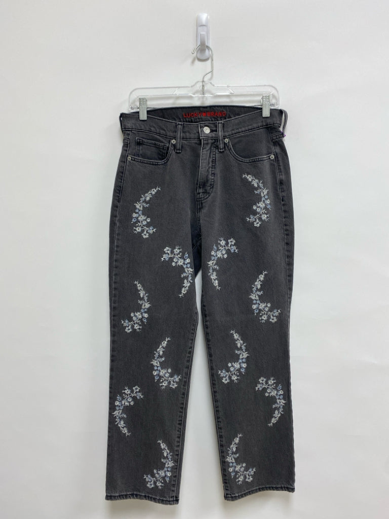 Lucky Brand Size 6 Faded Black Floral Embroidered Ladies Jeans