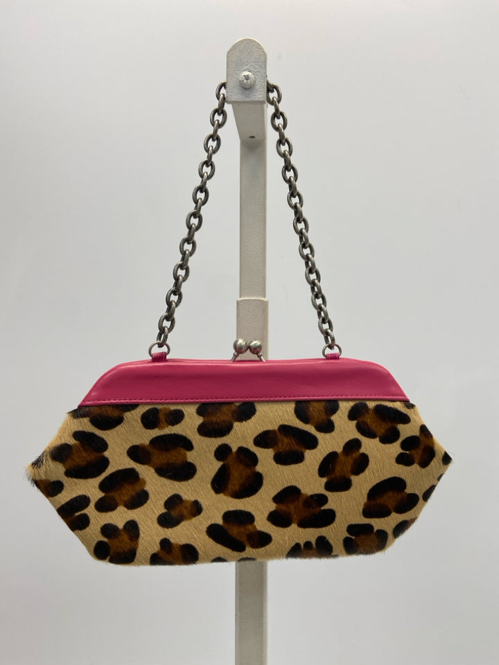 Nicole Miller Tan/Brown Pink Animal Print Chain Handbag