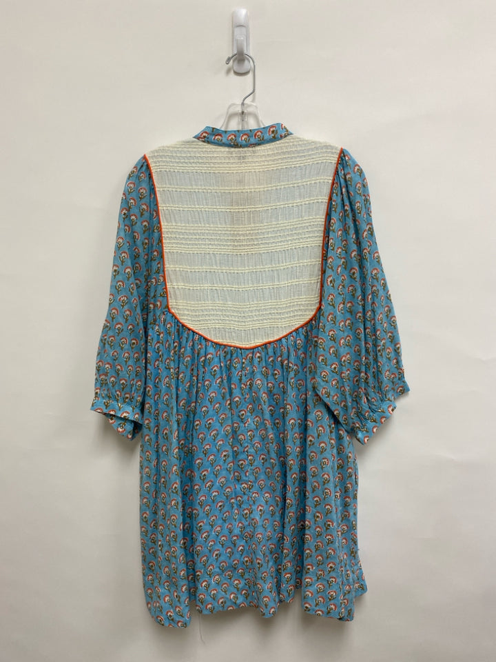 NWT GiGiO Size L Blue/Cream Coral/Brown Flowers Puff Sleeve Ladies Dress