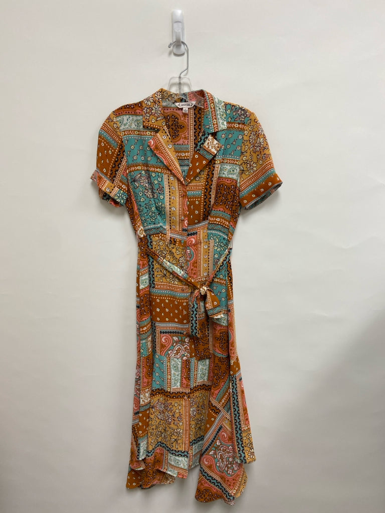 Nanette Lepore Size 2 Tan/Pink Aqua/Multi Assorted Print V Neck Ladies Dress