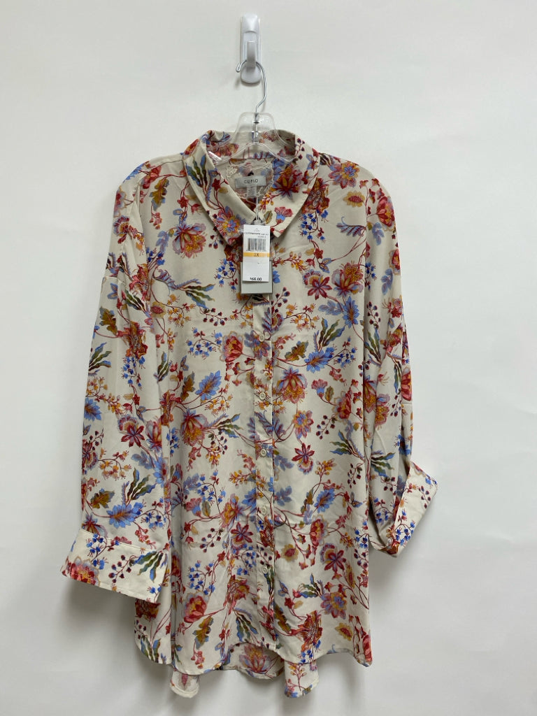 NWT Cupio  SIZE  2X Beige Pink/Blue Flowers Button Down Plus Size Top