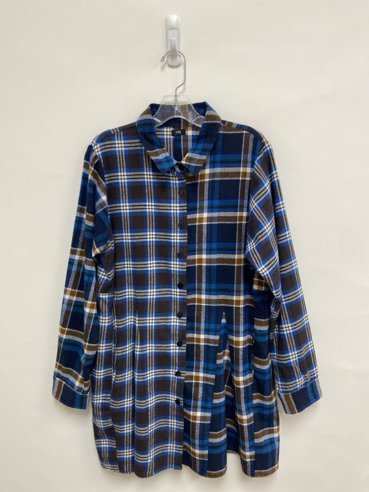 Tulip Size M Blue/White Brown Plaid Button Up Flannel Ladies Dress