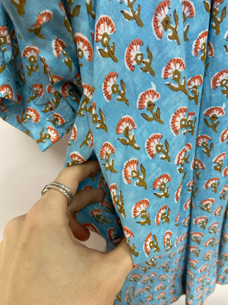 NWT GiGiO Size S Blue/Cream Coral/Brown Flowers Puff Sleeve Ladies Dress