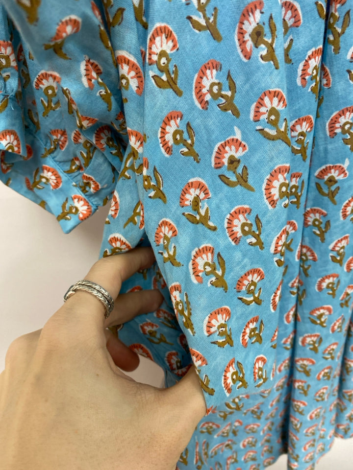 NWT GiGiO Size S Blue/Cream Coral/Brown Flowers Puff Sleeve Ladies Dress
