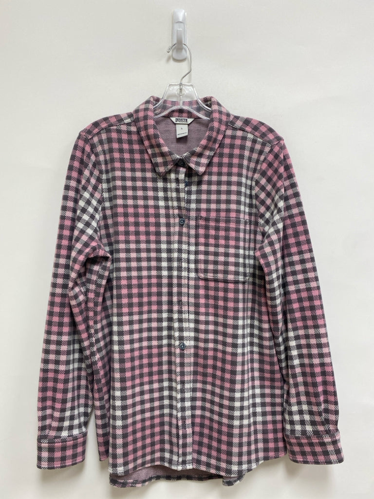 Duluth Trading Size L Pink/Gray White Checkered Long Sleeve Ladies Top