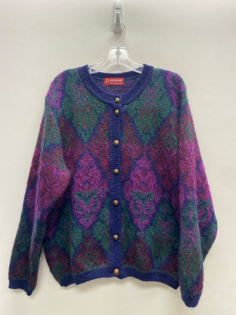 Size L Navy/Green Purple Floral Cardigan Mohair Ladies Sweater
