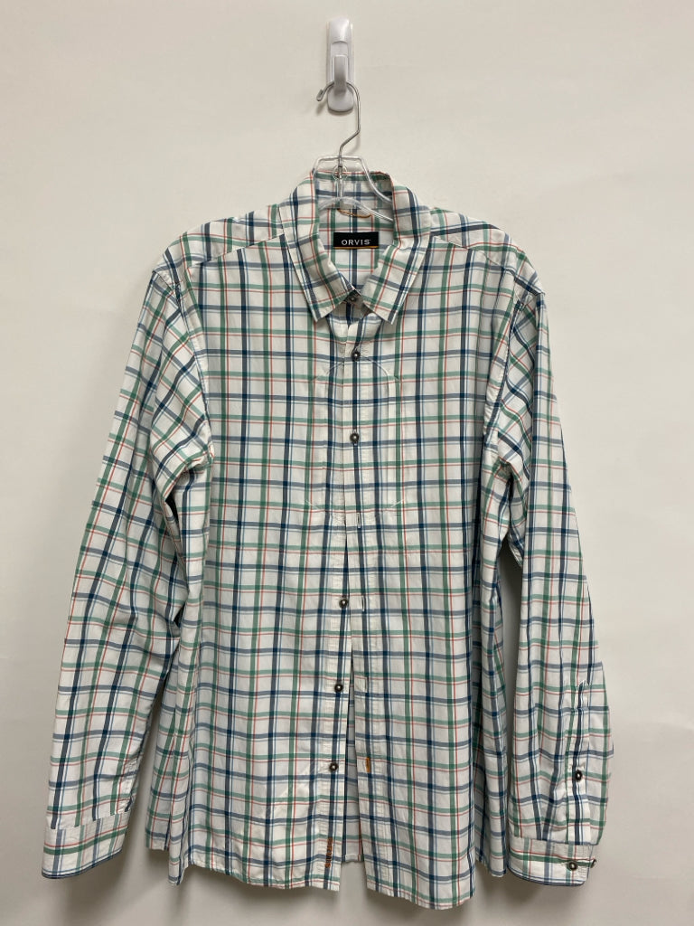 Orvis Size L White/Orange Blue/Green Plaid Men&