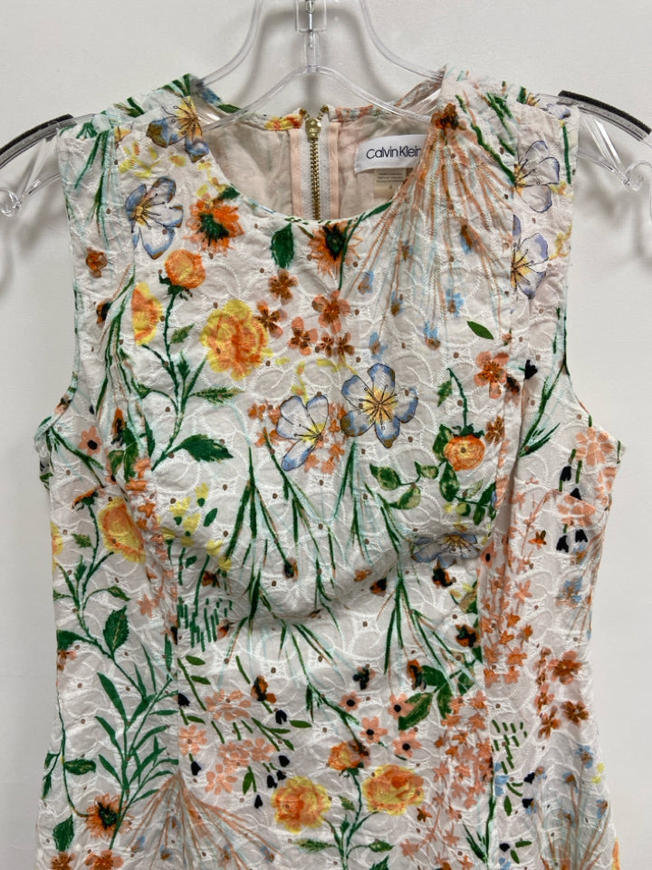 Calvin Klein Size 4 White Peach/Green Flowers Sleeveless Ladies Dress