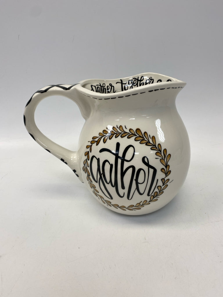 White Brown/Black Words Ceramic Pitcher