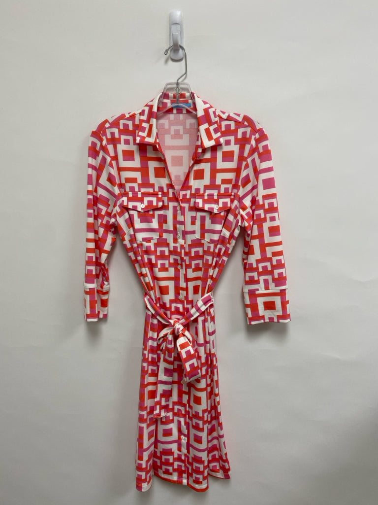 J McLaughlin Size M White/Pink Coral Geometric Button Up Ladies Dress