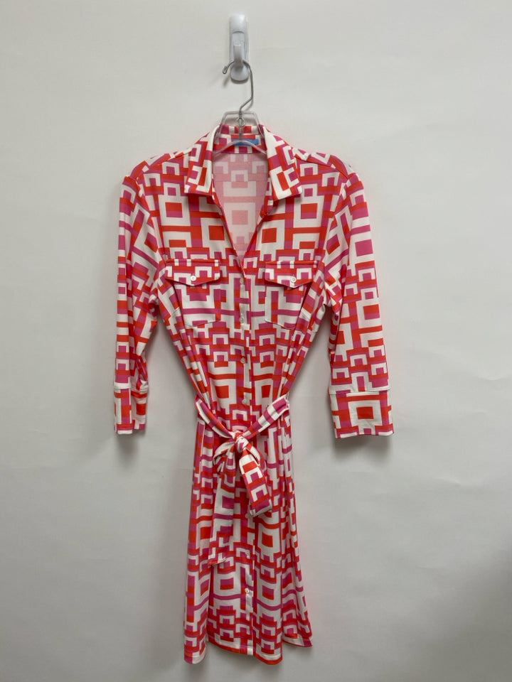 J McLaughlin Size M White/Pink Coral Geometric Button Up Ladies Dress