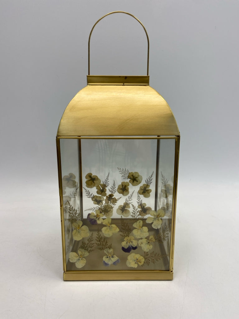 Gold/Clear Tan Flowers Metal/Glass Lantern