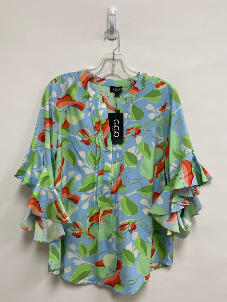 NWT GiGiO Size M Blue/White Coral/Green Floral Bell Sleeves Ladies Top