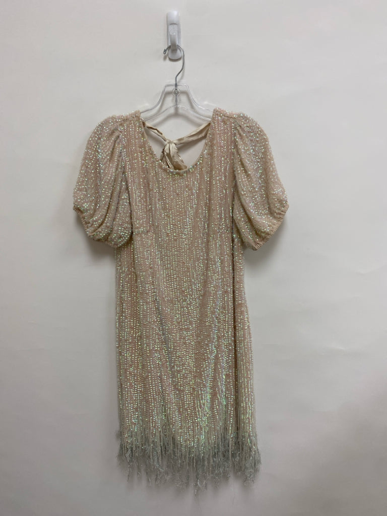 NWT Size 10 Pale Pink Iridescent Sequins Puff Sleeve Fringe Ladies Dress