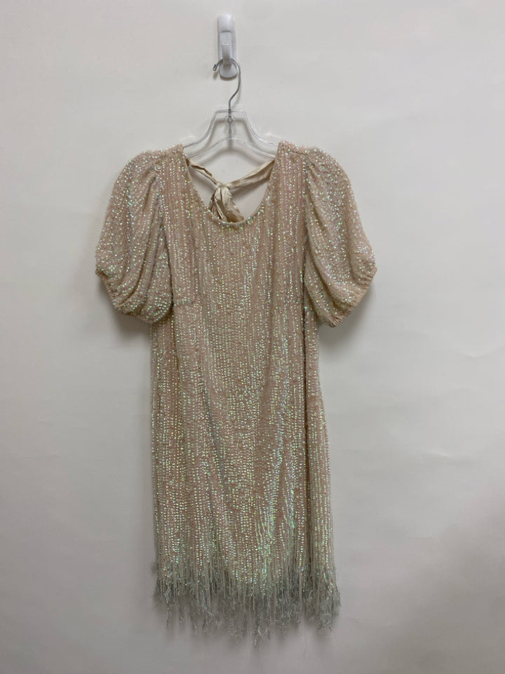 NWT Size 10 Pale Pink Iridescent Sequins Puff Sleeve Fringe Ladies Dress