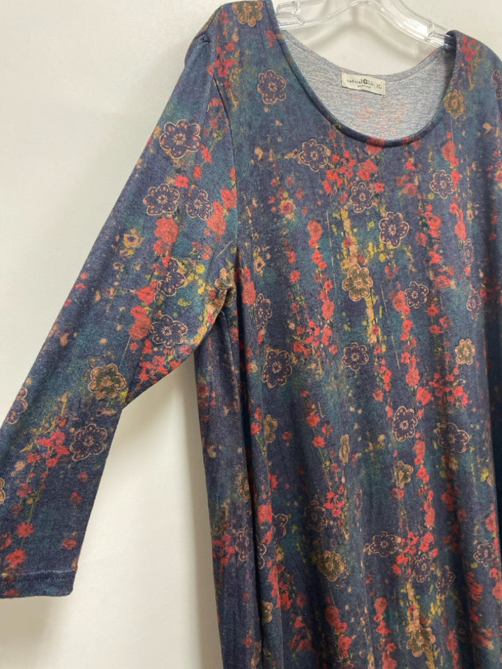 Natural Life Size XL Dark Blue Green/Orange Flowers Maxi Ladies Dress