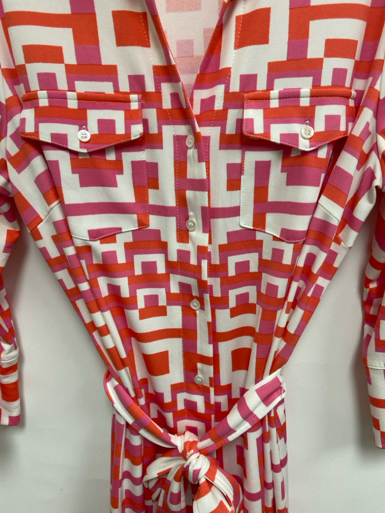 J McLaughlin Size M White/Pink Coral Geometric Button Up Ladies Dress