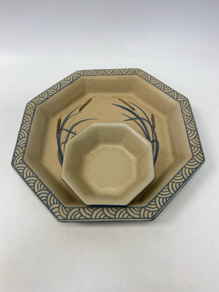 Tan Blue Pottery Chip n Dip
