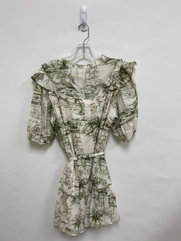 NWT Umgee Size L Cream Olive Green Ruffles Puff Sleeve Ladies Dress