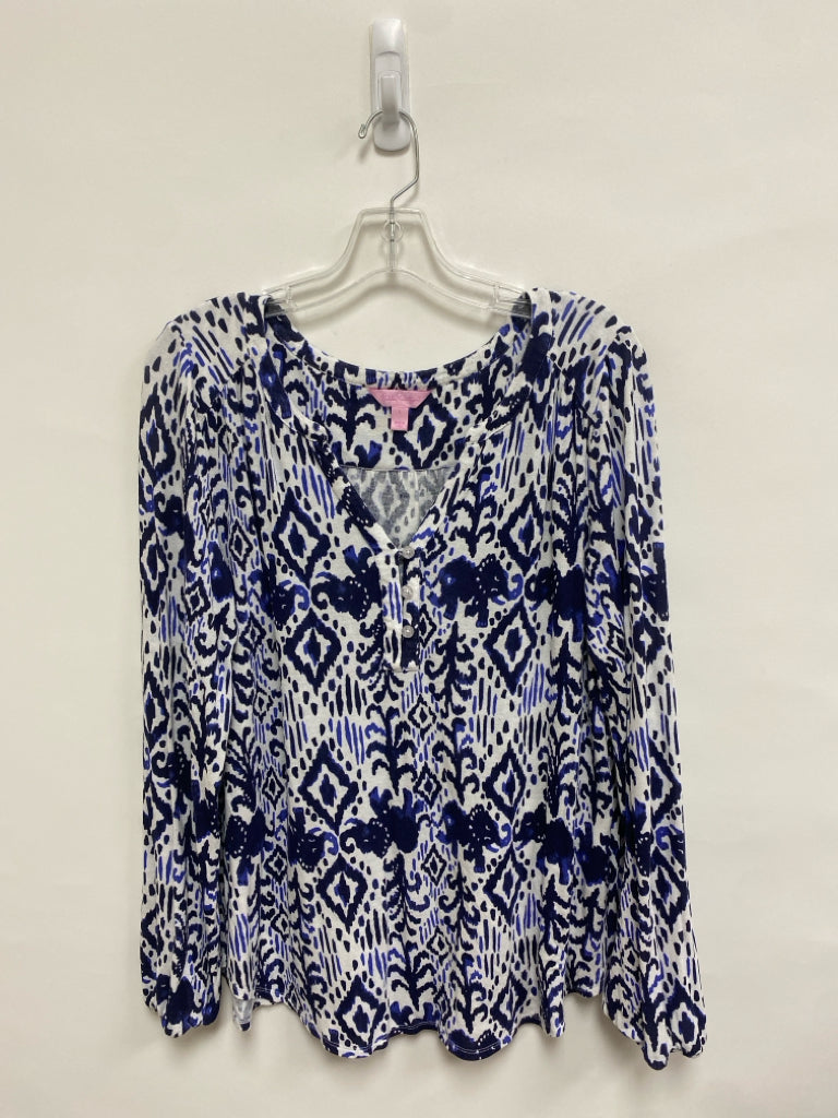 LILLY PULITZER Size L White Navy/Blue V Neck Ladies Top