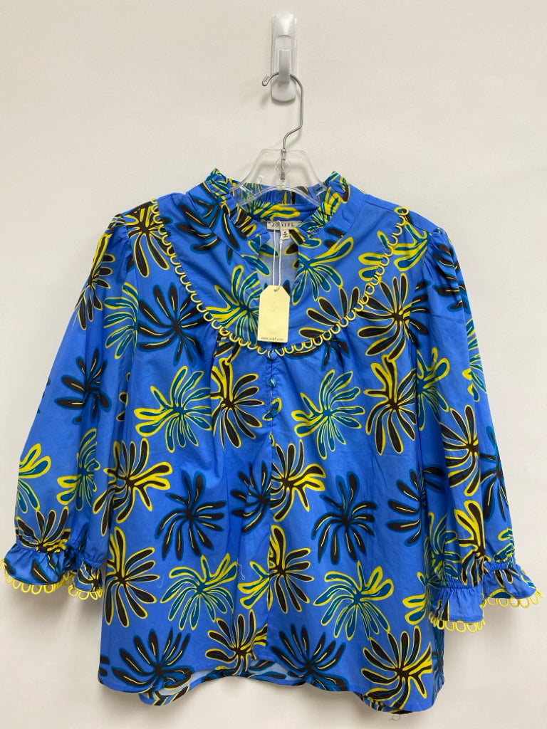 NWT Jodifl Size M Blue Yellow/Brown Abstract Ladies Top