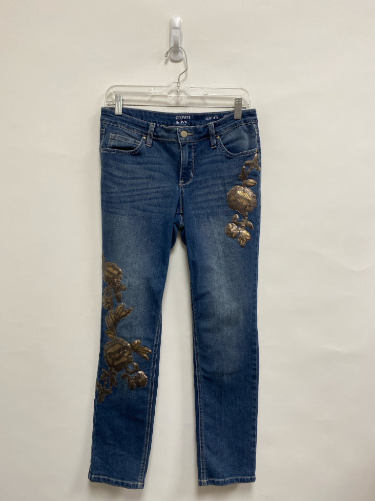 Crown &amp; Ivy Size 2R Blue Brown Flowers Sequins Ladies Jeans