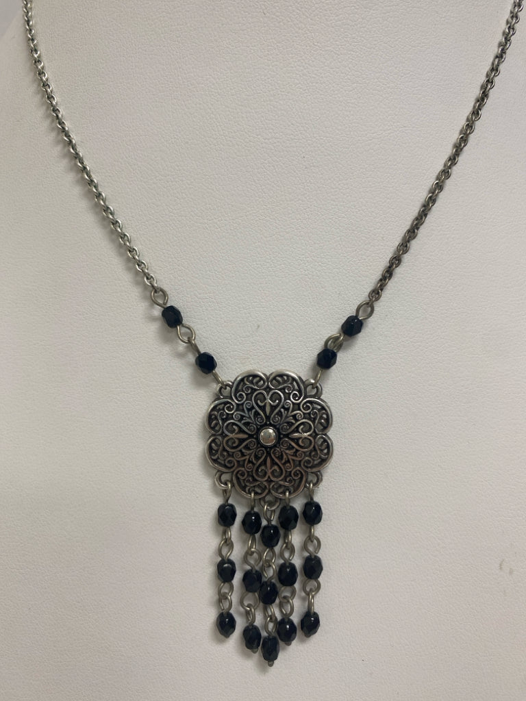 Brighton Silver Color Black Flowers Necklace
