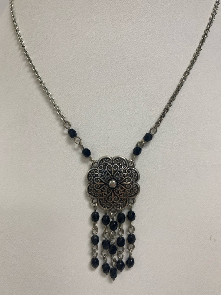 Brighton Silver Color Black Flowers Necklace