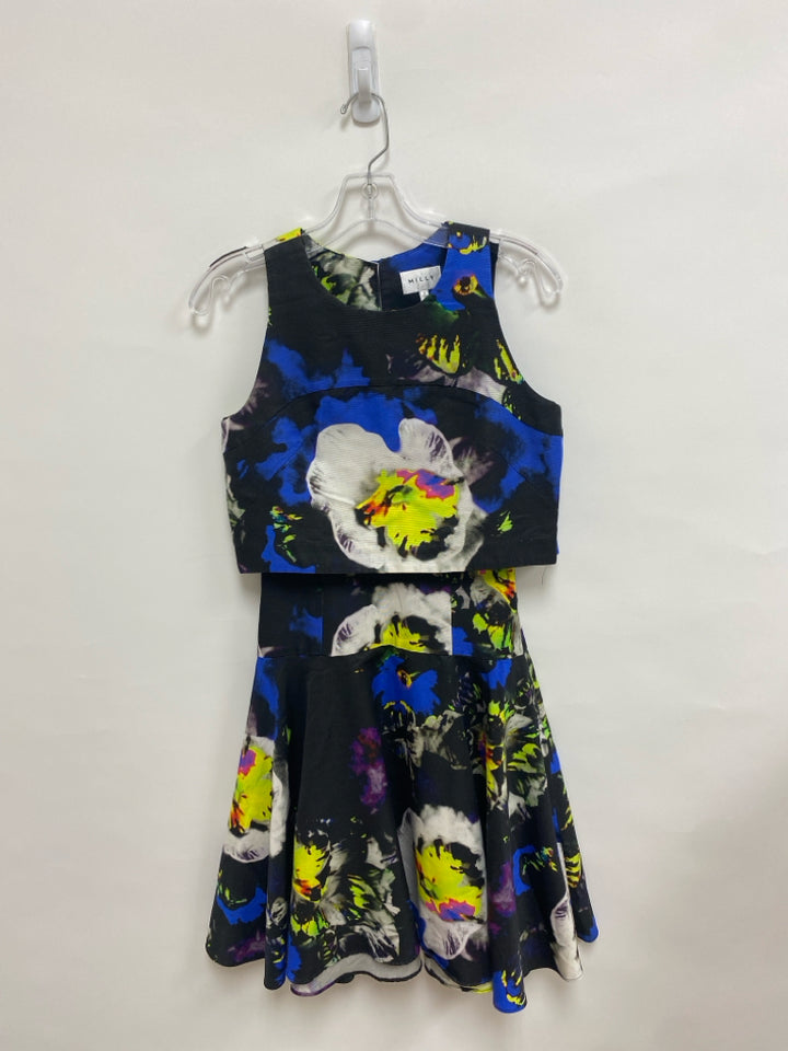 MILLY Size 2 Black Blue/Yellow Abstract Sleeveless Ladies Dress