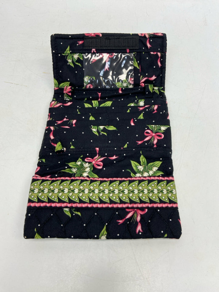 Vera Bradley Black Green/Pink Flower(s) Fabric Wallet
