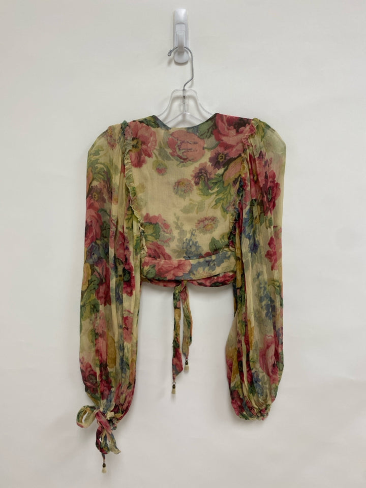 ZIMMERMANN Size 2 Beige Green/Multi Floral Cropped Silk Ladies Top