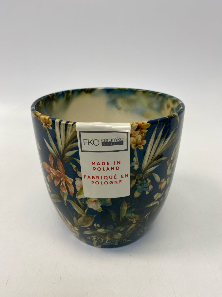 Teal Blue Multi Color Flowers Ceramic Planter